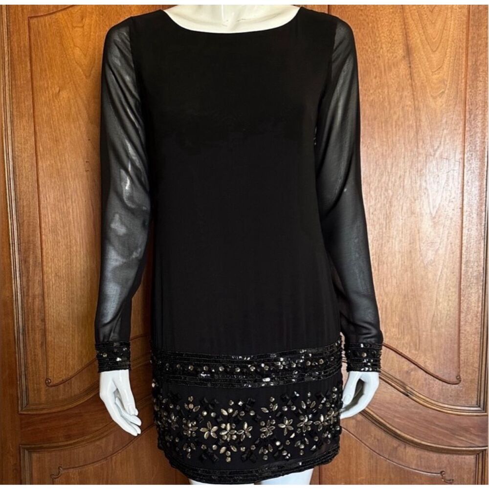GUESS by MARCIANO Dress Sheer Black Shift Beaded Hem & Sleeve Size XS